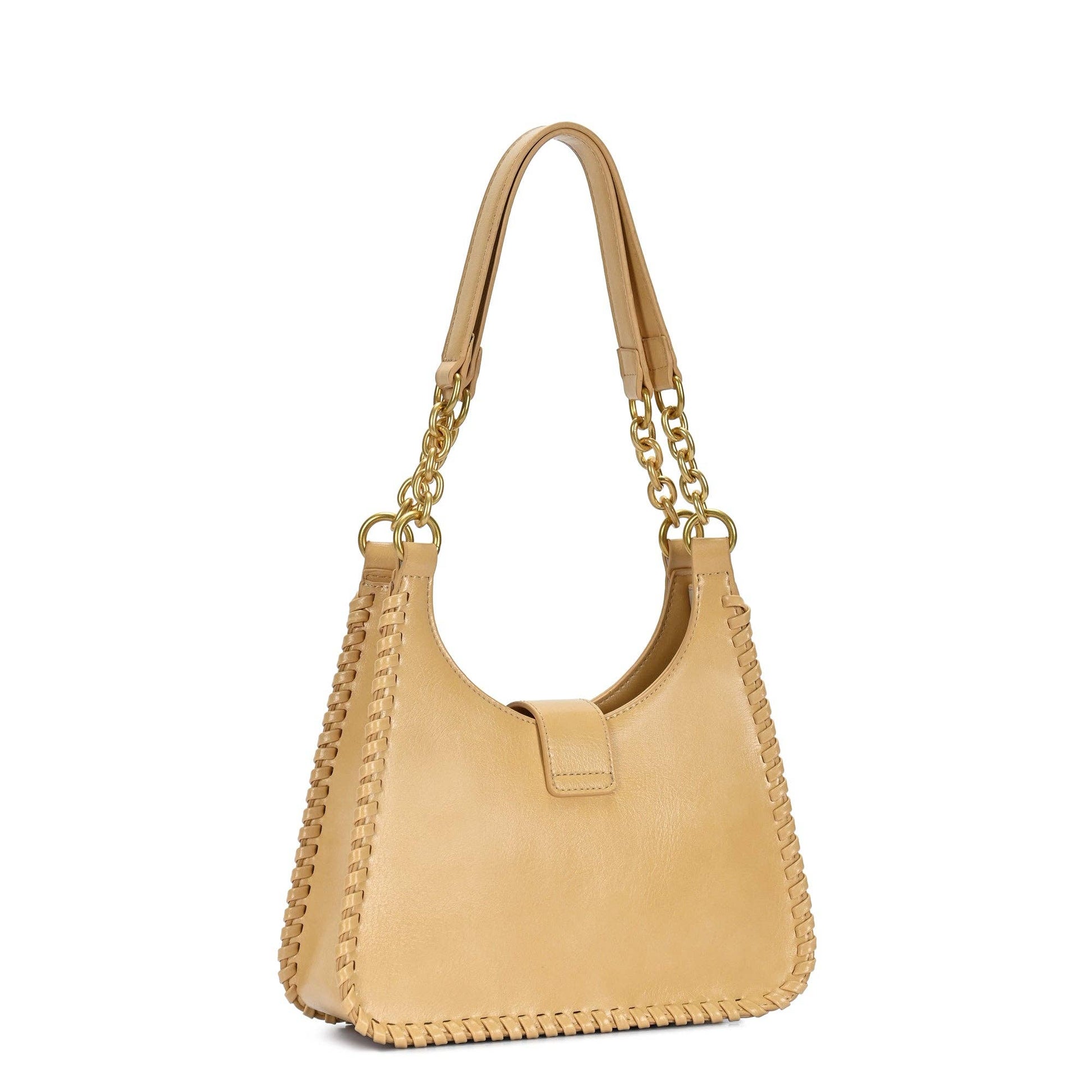Beige hobo shoulder bag with chain handles and stitched trim