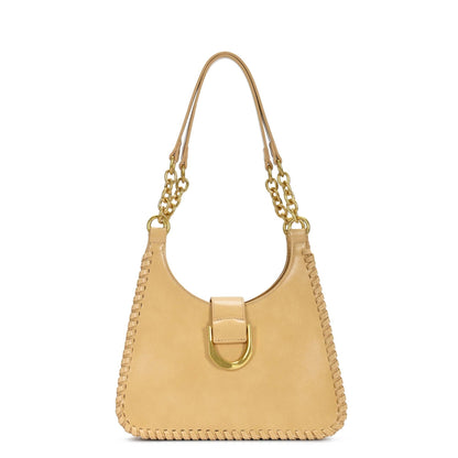 Beige shoulder bag with chain handles and front buckle strap