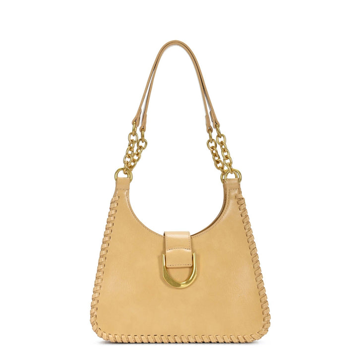 Beige shoulder bag with chain handles and front buckle strap