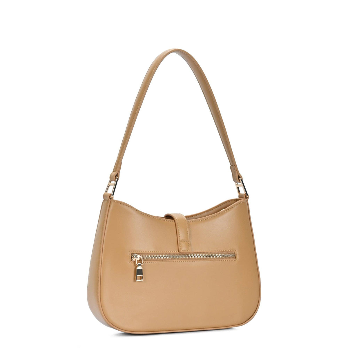 Camel shoulder bag with front zip pocket and gold-tone hardware, curved hobo silhouette.