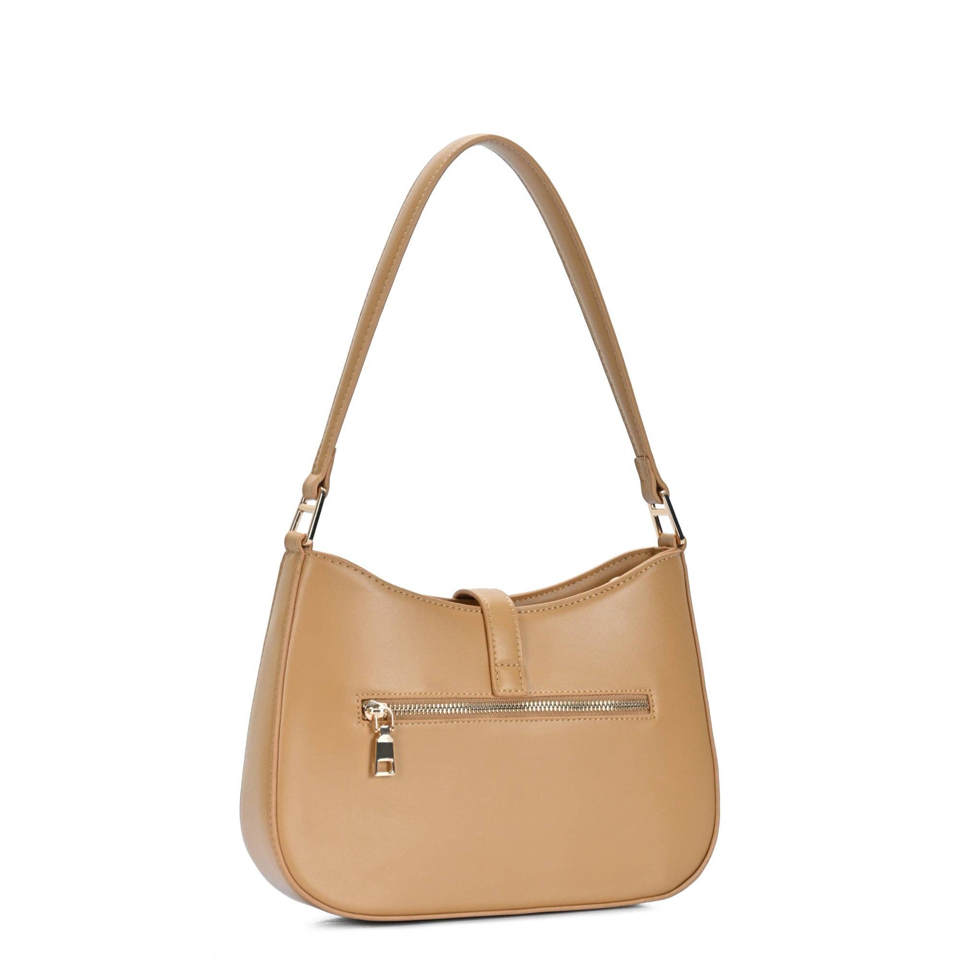 Camel shoulder bag with front zip pocket and gold-tone hardware, curved hobo silhouette.