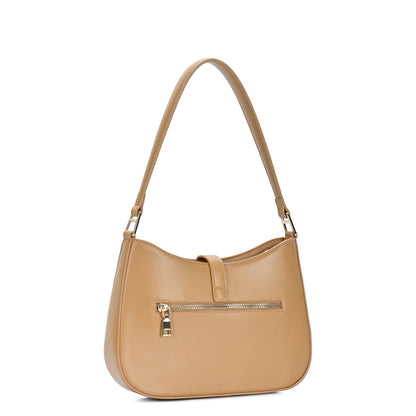 Camel shoulder bag with front zip pocket and gold-tone hardware, curved hobo silhouette.