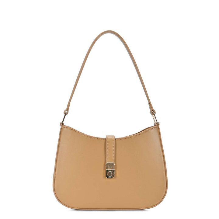 Camel shoulder bag with gold-tone hardware and front lock clasp, curved hobo shape.
