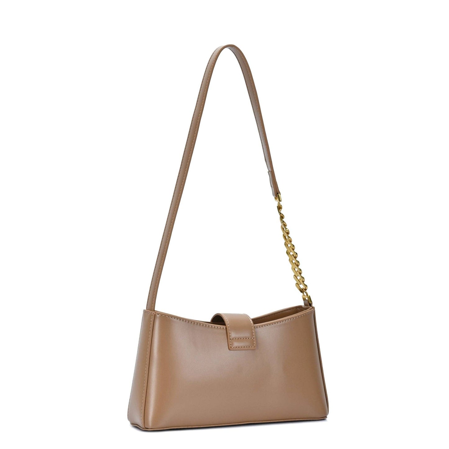 Beige shoulder bag with long handle and gold chain accent on the strap