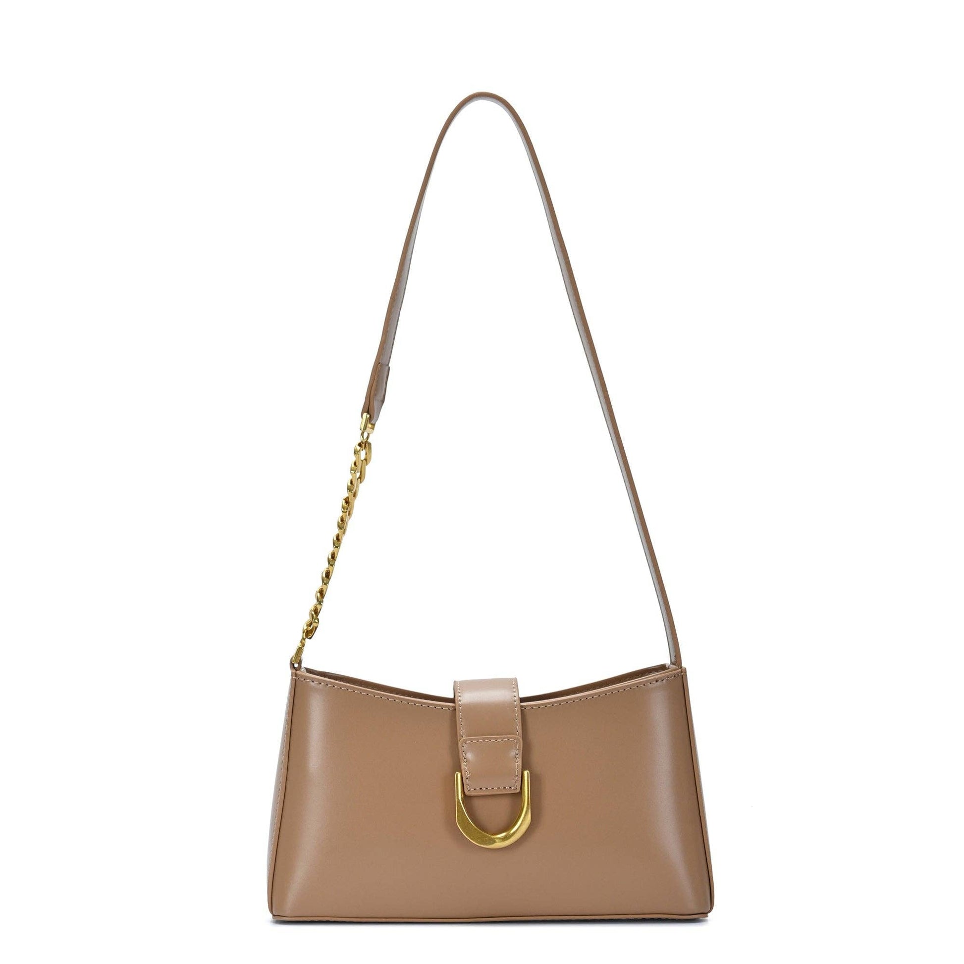 Beige leather shoulder bag with gold chain strap and front buckle detail