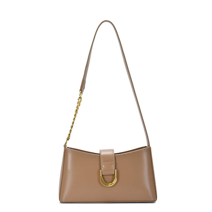 Beige leather shoulder bag with gold chain strap and front buckle detail