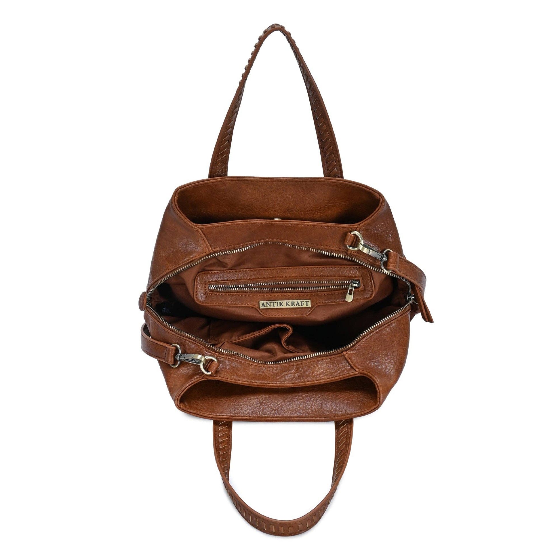 Tan leather satchel interior view with open top and zipper closure