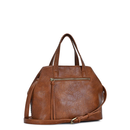 Tan leather satchel with front zipper pocket and top handles