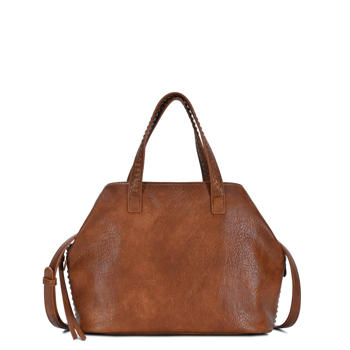 Tan leather satchel with top handles and side straps