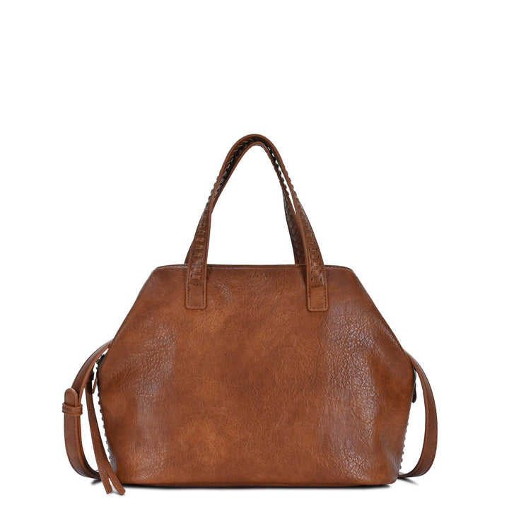 Tan leather satchel with top handles and side straps