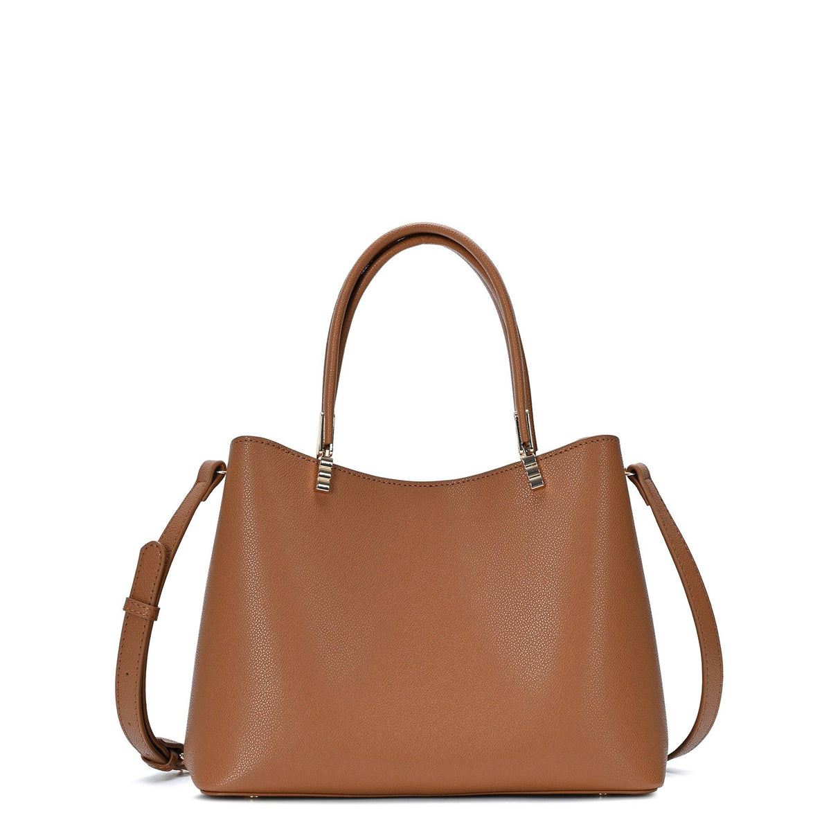 Tan leather satchel bag with top handles and shoulder strap, silver-tone hardware