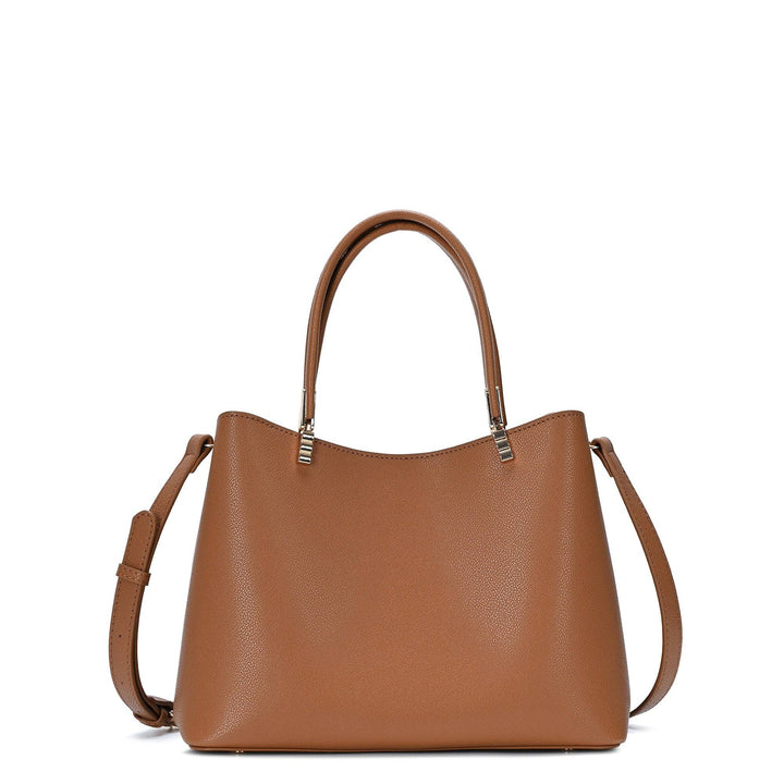 Tan leather satchel bag with top handles and shoulder strap, silver-tone hardware