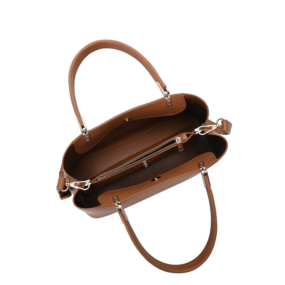 Tan satchel bag opened to show brown interior and zipper pocket, top handle and strap