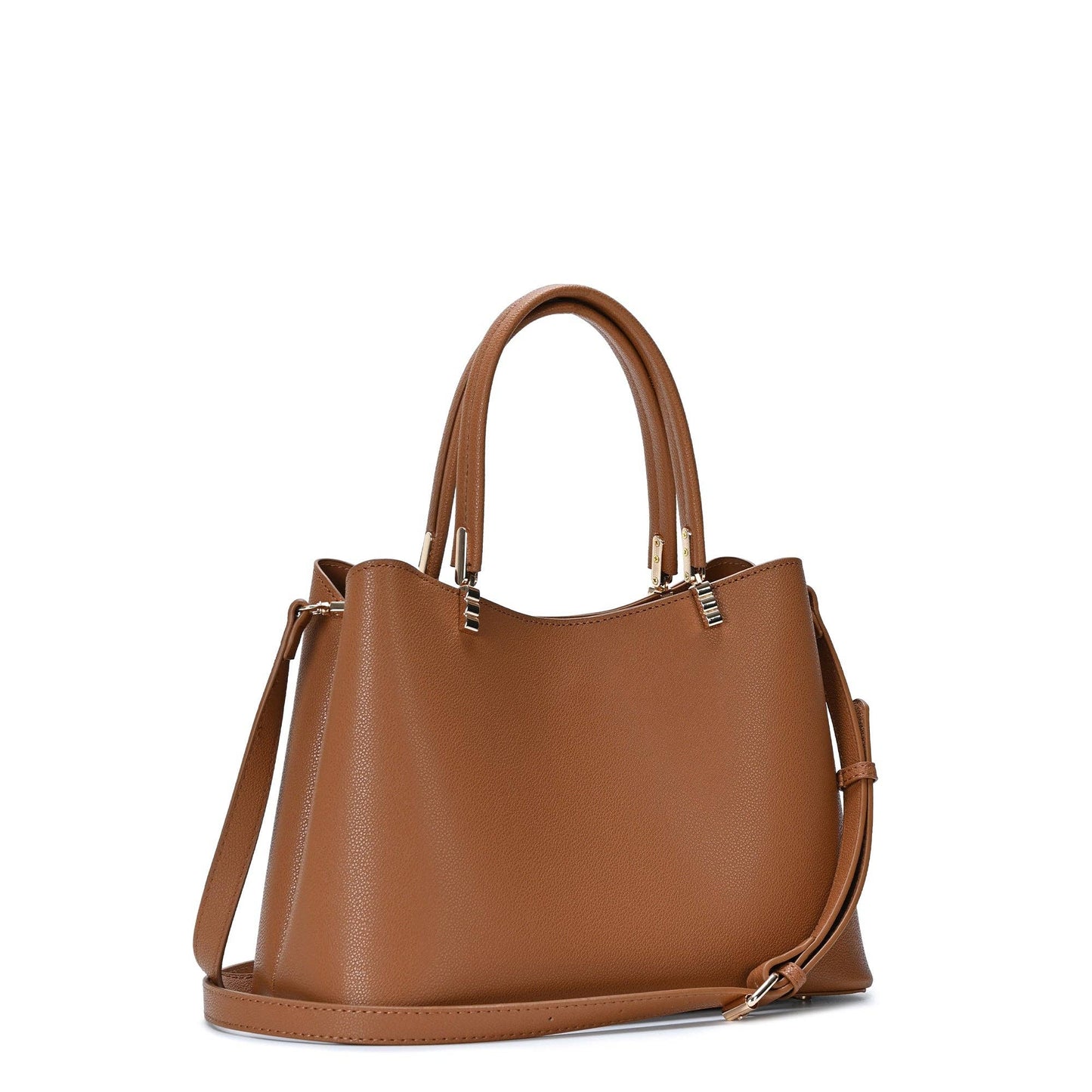 Tan leather satchel with structured sides, top handles, and adjustable shoulder strap