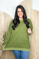 Olive Contrast Cuff Long Sleeve Ribbed Sweater