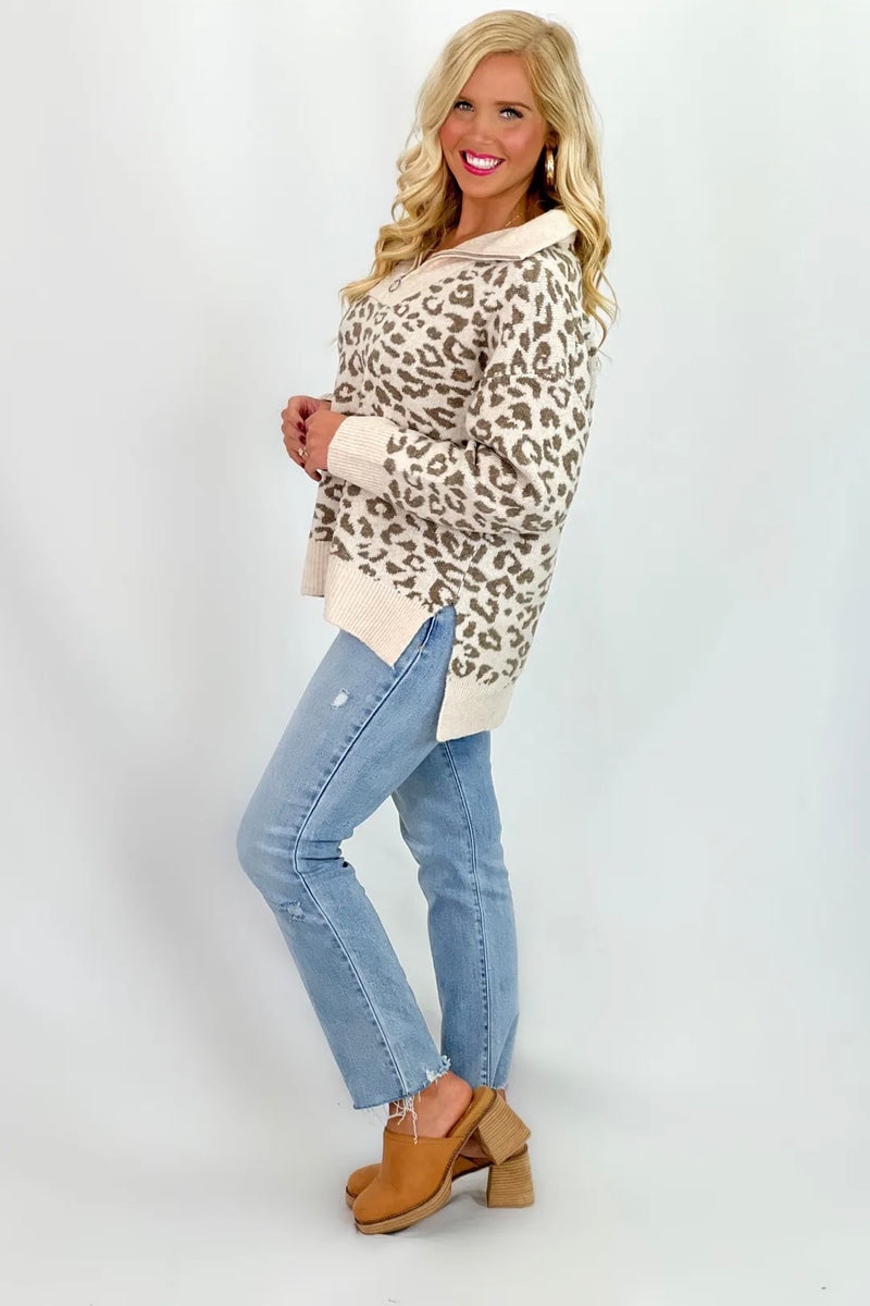 Oatmeal Half Zip Leopard Print Sweater