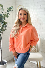 Orange Washed Half Button Down French Terry Long Sleeve Top