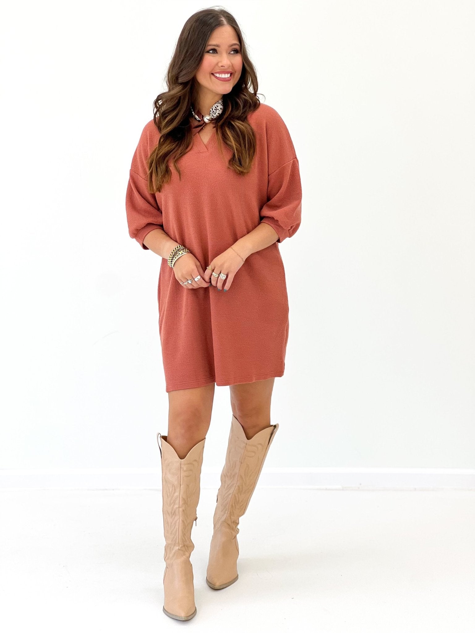 Tres Bien Cloudy Knit Collared Preppy 1/2 Sleeve Dress - Lavish Boutique04-DRESSES