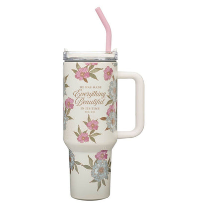 Ivory tumbler lettered with Everything Beautiful, Ecclesiastes 3:11