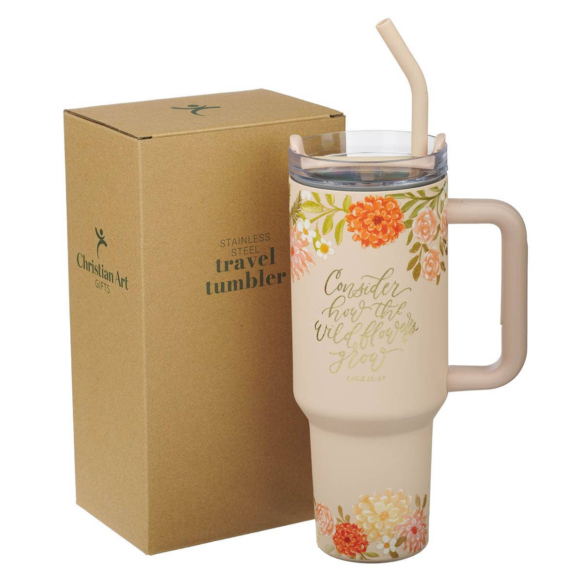 Orange travel tumbler with wildflower scripture lettering