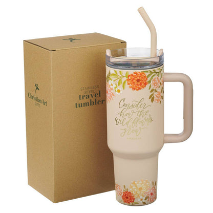Orange travel tumbler with wildflower scripture lettering