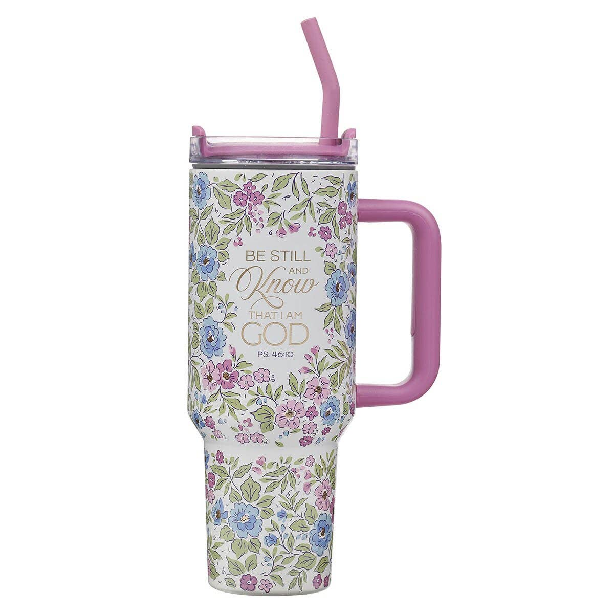 Purple floral tumbler lettered Be Still And Know, Psalm 46:10
