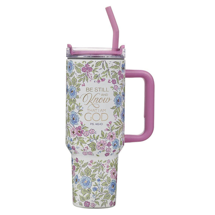 Purple floral tumbler lettered Be Still And Know, Psalm 46:10