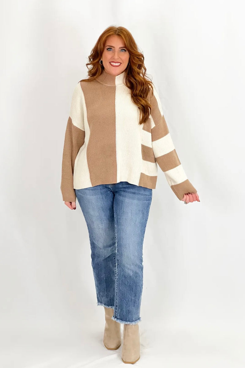 Khaki Stripe Colorblock Mock Neck Knit Sweater