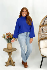 Royal Blue Mock Neck Solid Textured Knit Top