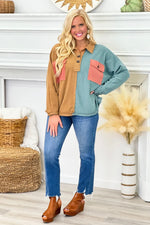 Mocha and Teal Front Pocket Color Block Top