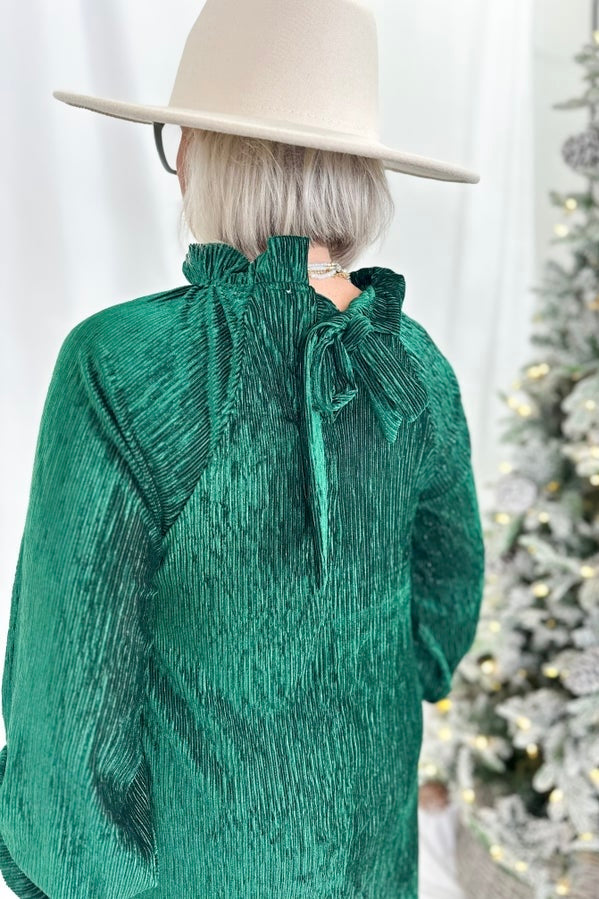 Green Velvet High Neck Long Sleeve Dress