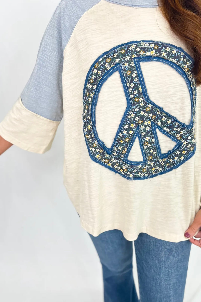 Blue and Natural Patchwork Peace Sign Top