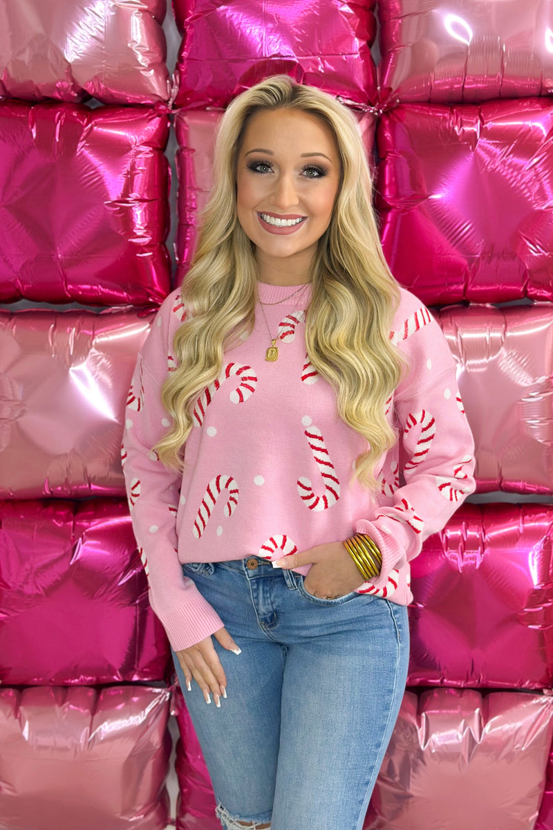 Pink Candy Cane Crew Neck Sweater