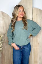 Olive Ribbed Puff Sleeve Knit Top