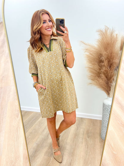 Umgee Abstract Printed Collared V-Neck Dress - Lavish Boutique04-DRESSES