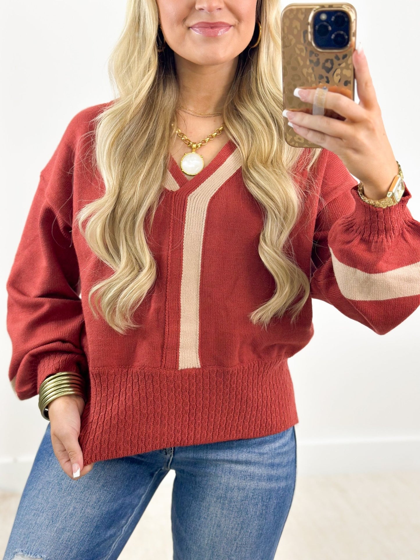 Umgee Collar Neck Contrast Top - Lavish Boutique01-TOPS