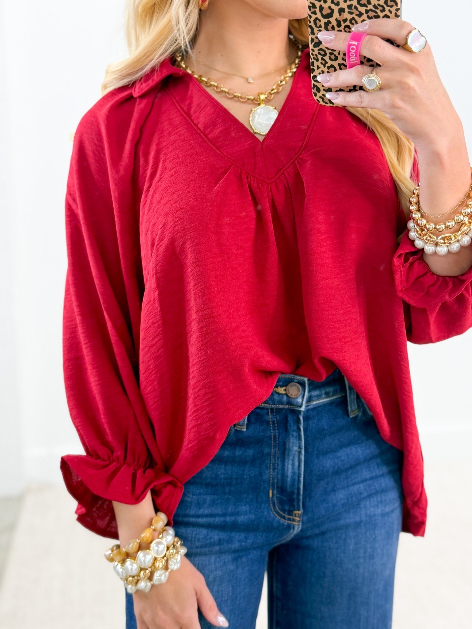 Umgee Collared V-Neck Binding Detail Top - Lavish Boutique01-TOPS