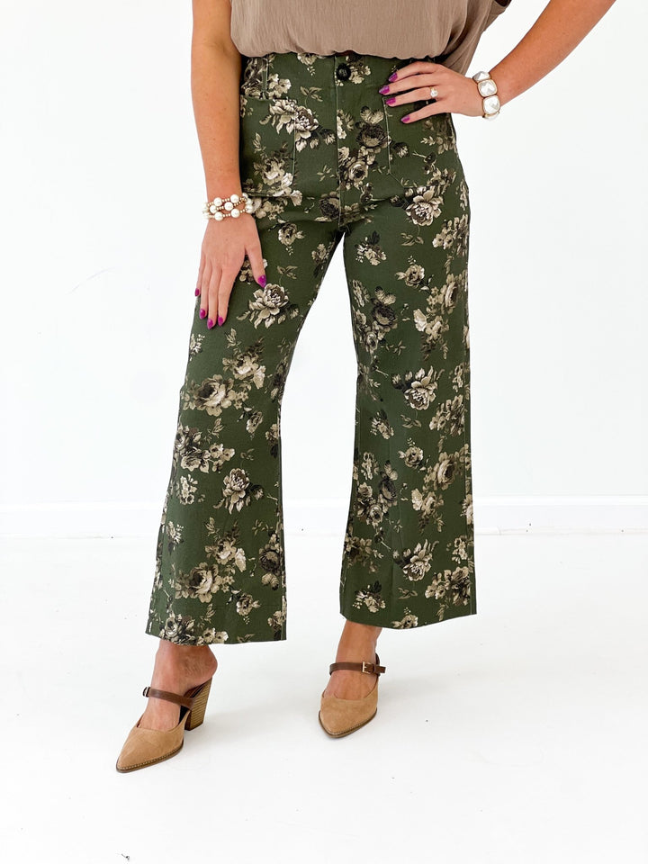 Olive floral print pants with front patch pockets