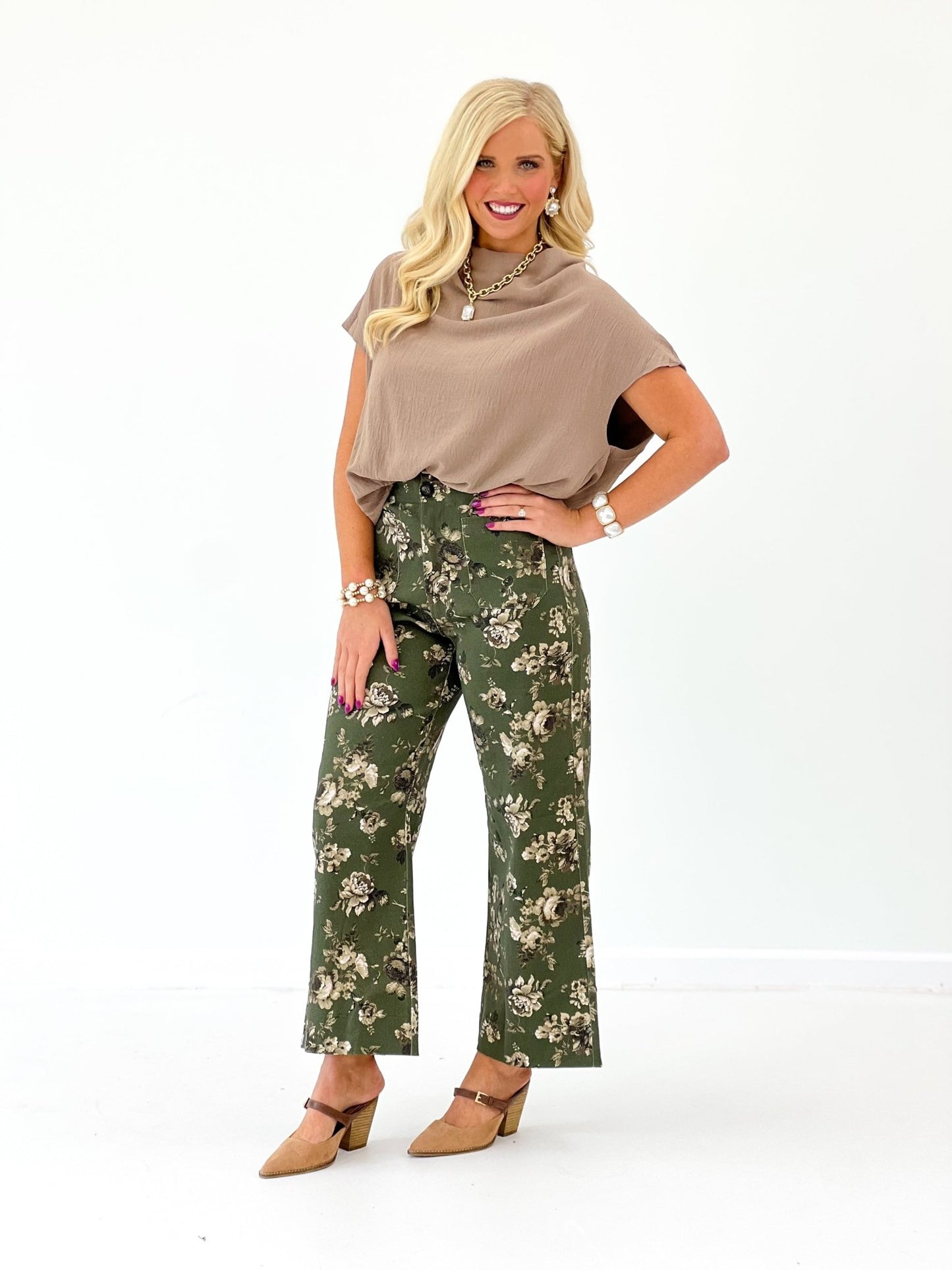 Olive printed floral pants with roomy front pockets