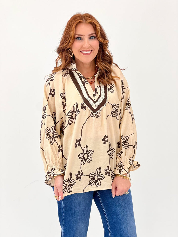 Umgee Floral Print Collared V-Neck Top - Lavish Boutique01-TOPS