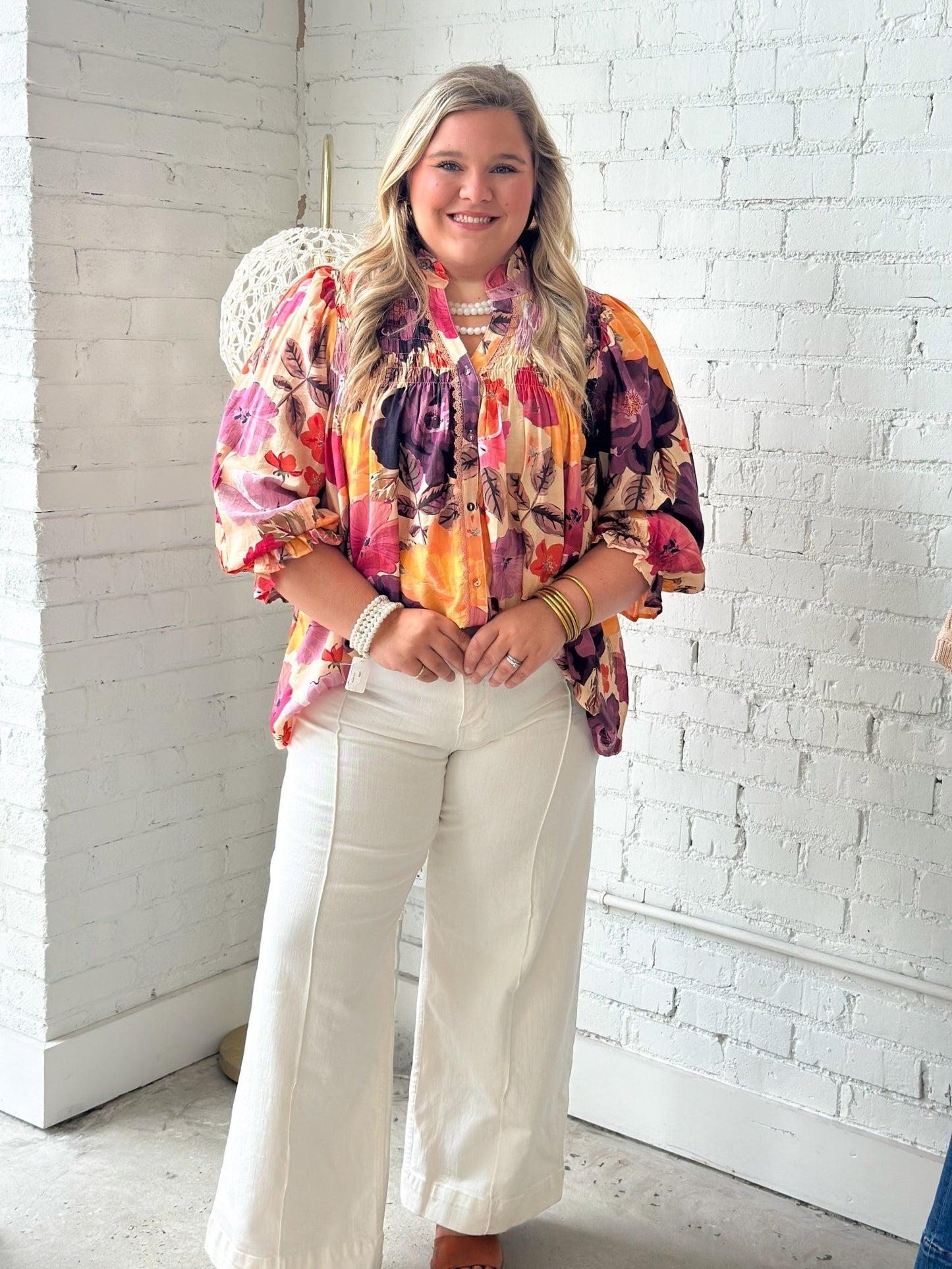 Umgee Floral Print Smocked Button Down Top - Lavish Boutique01-TOPS