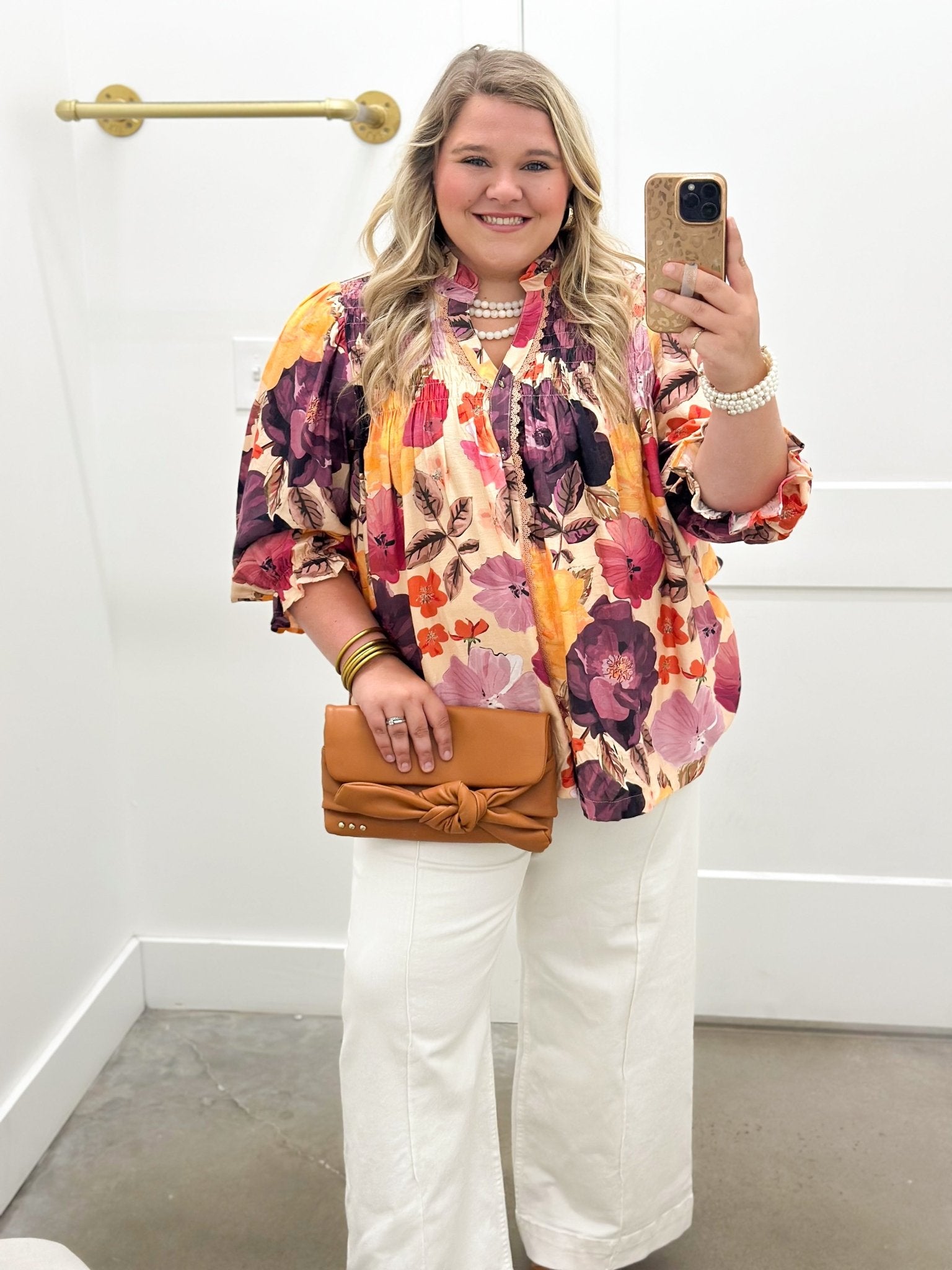 Umgee Floral Print Smocked Button Down Top - Lavish Boutique01-TOPS