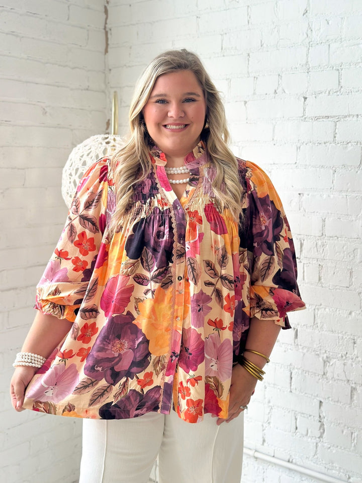 Umgee Floral Print Smocked Button Down Top - Lavish Boutique01-TOPS