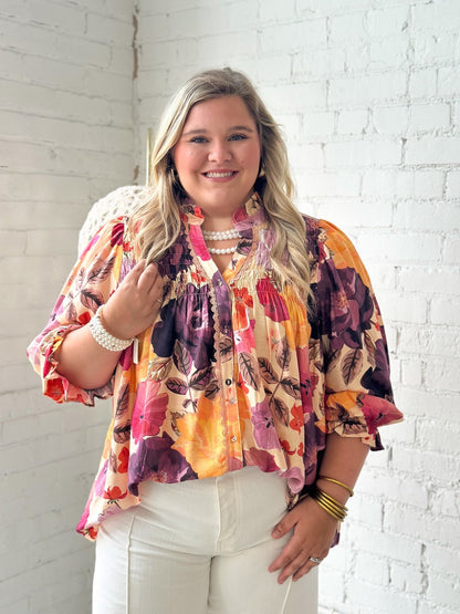 Umgee Floral Print Smocked Button Down Top - Lavish Boutique01-TOPS