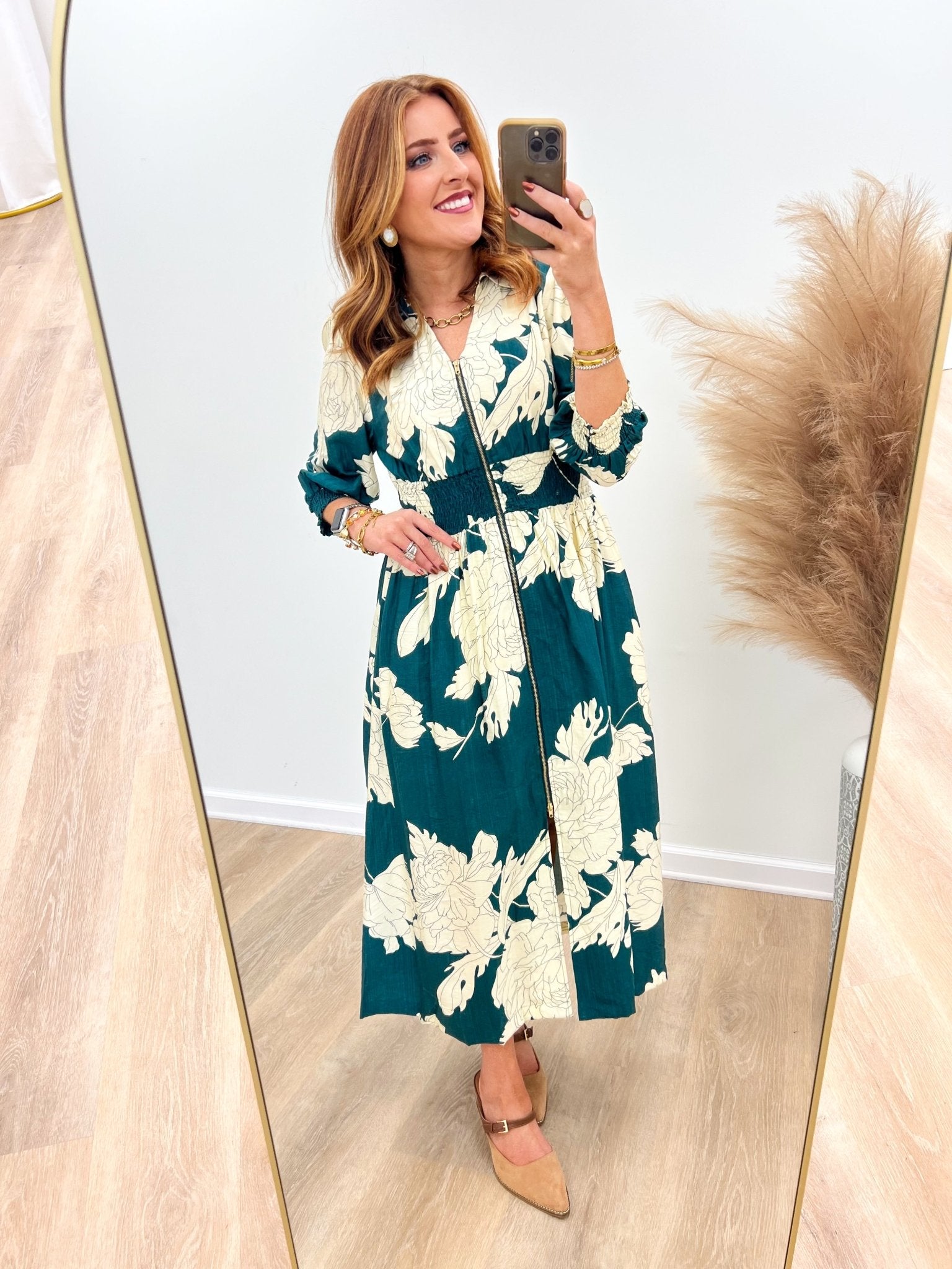 Umgee Floral Print Zip Down Midi Dress - Lavish Boutique04-DRESSES