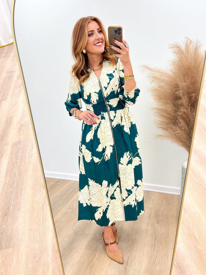 Umgee Floral Print Zip Down Midi Dress - Lavish Boutique04-DRESSES