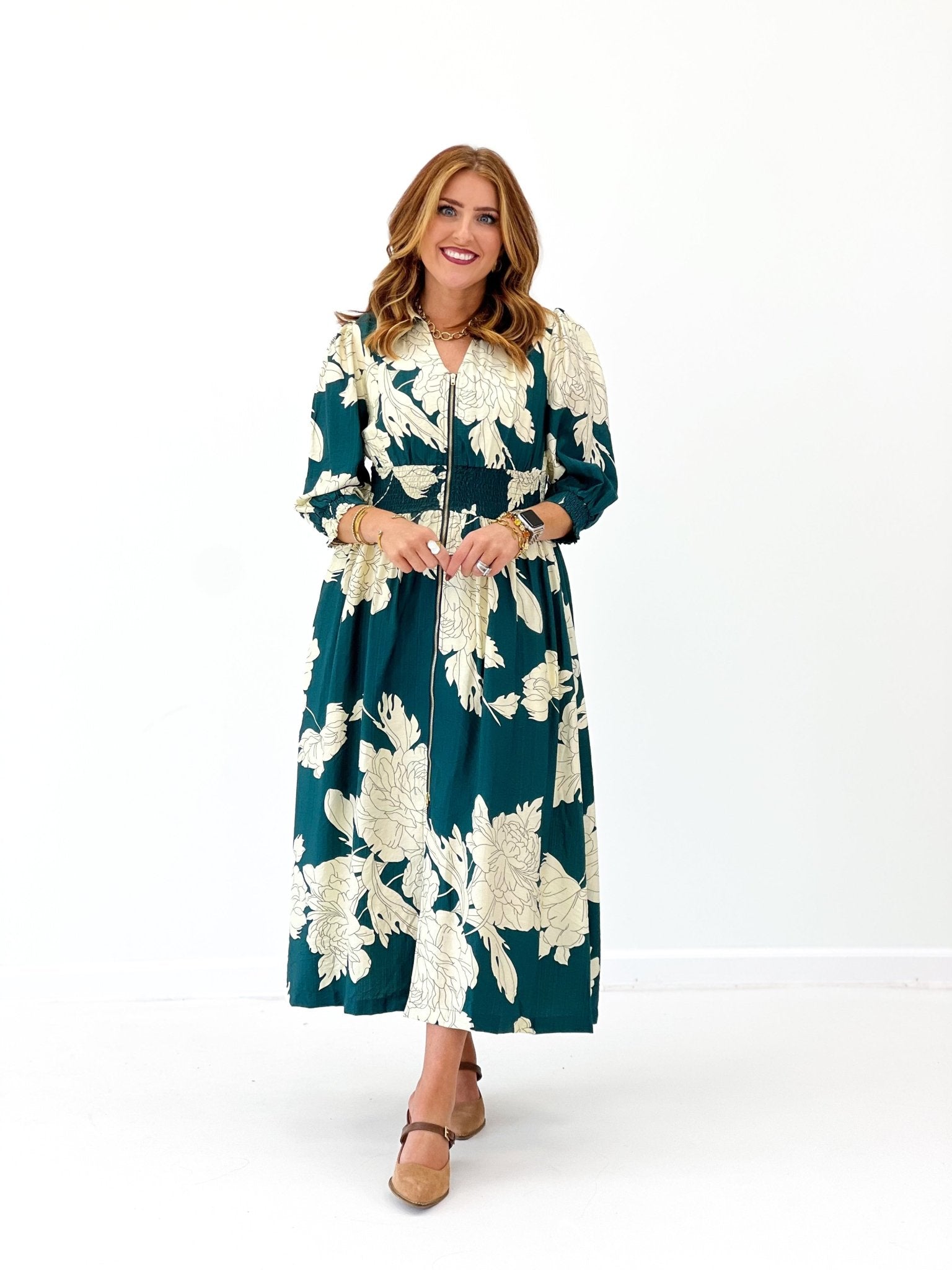 Umgee Floral Print Zip Down Midi Dress - Lavish Boutique04-DRESSES