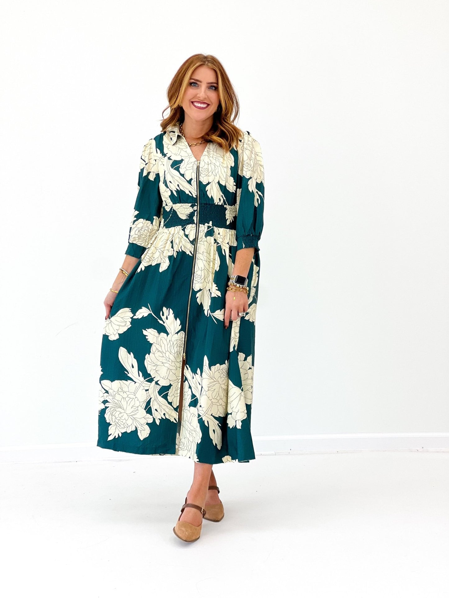 Umgee Floral Print Zip Down Midi Dress - Lavish Boutique04-DRESSES