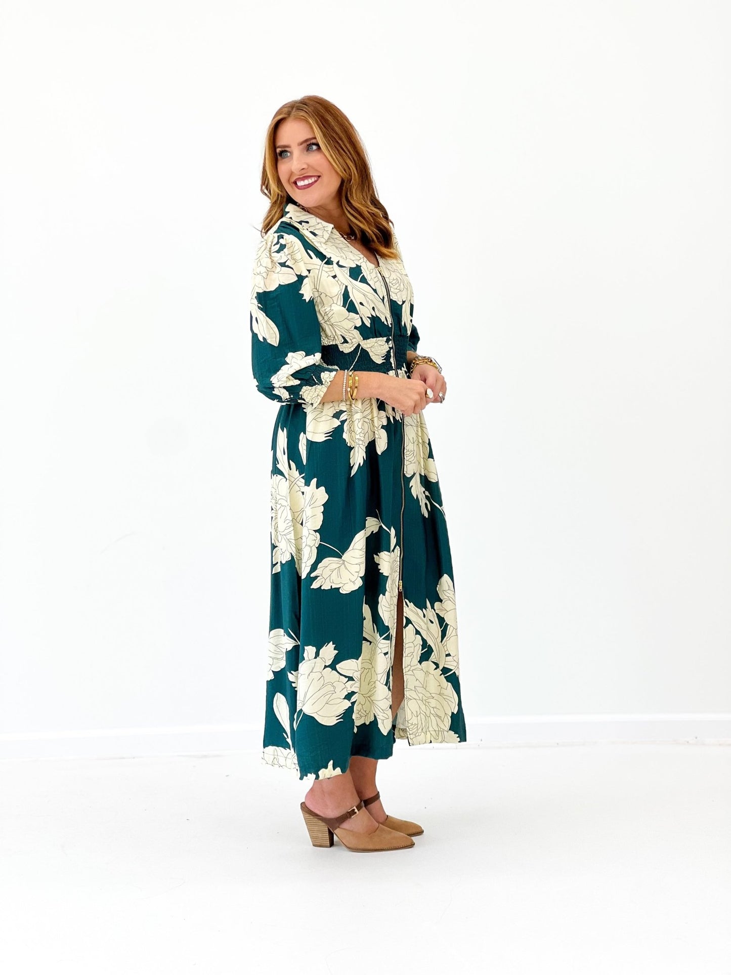 Umgee Floral Print Zip Down Midi Dress - Lavish Boutique04-DRESSES