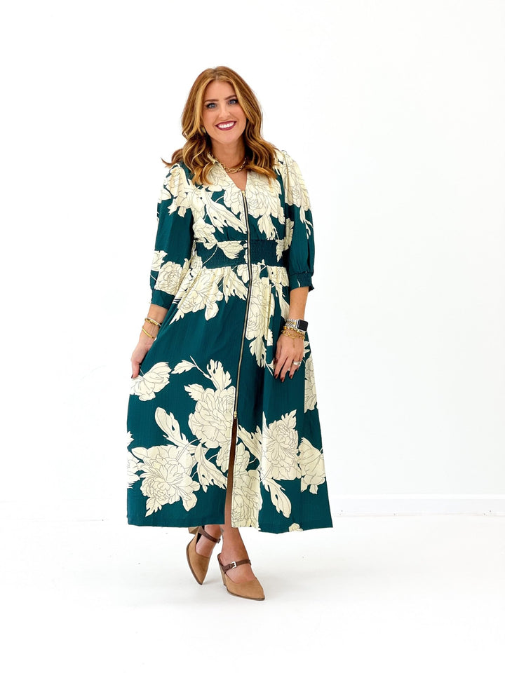 Umgee Floral Print Zip Down Midi Dress - Lavish Boutique04-DRESSES